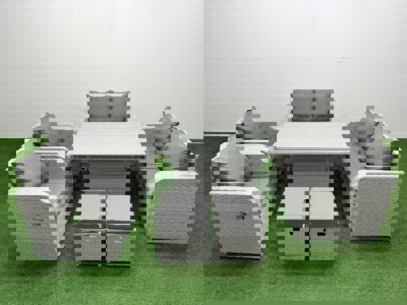 Fimous 8 Seater Outdoor Reclining Chair Love Sofa Set Rattan Garden Furniture Set with Adjustable Lifting Dining or Coffee Table 2 Stools Light Grey