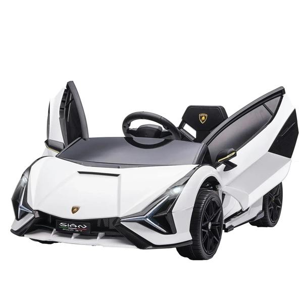 White and black kids electric ride-on car with raised scissor doors and steering wheel.