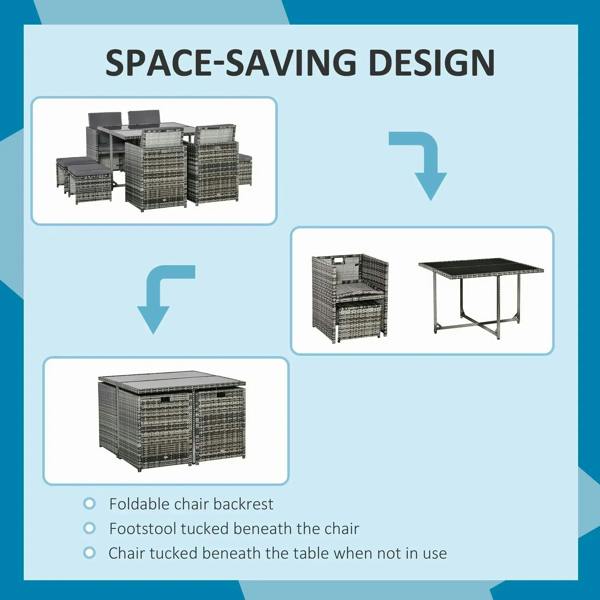 Grey rattan dining set with space-saving storage features and tucked footstools