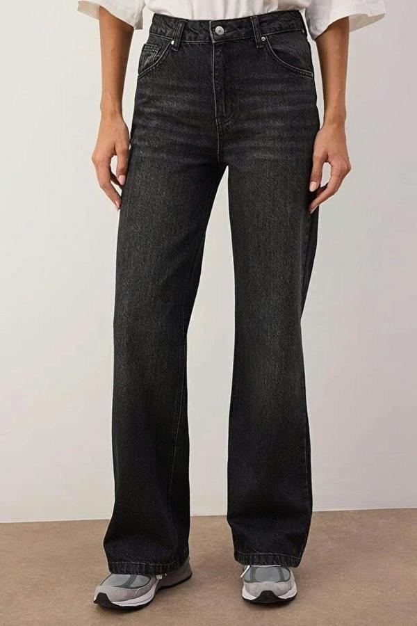 WOVCOR Faded Effect Vintage High Waist Wide Leg Jeans