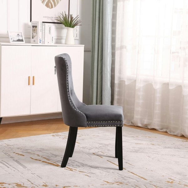 Neo Set of Four Dark Grey Studded Velvet Dining Table Chair with Ring Knocker Detail