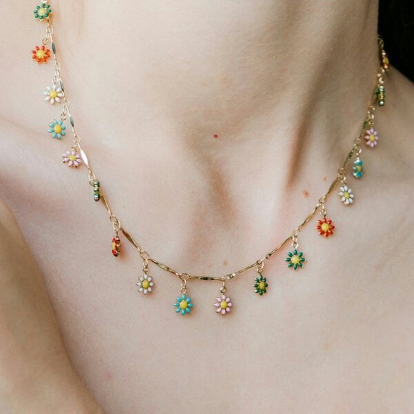 The Colourful Aura Colourful Rainbow Flower  Indie Boho Daisy Charms Dangle Choker Summer Necklace