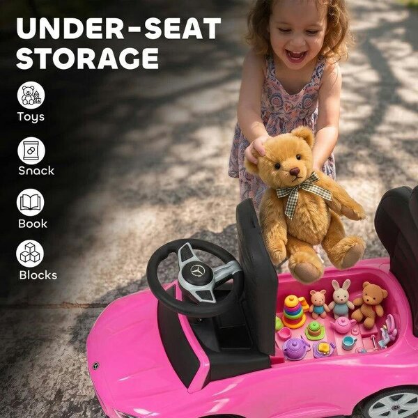 4 in 1 Licensed Benz Ride on Push Car with Handle, Canopy, Guardrails, Horn, Music, Storage for 12-36 Months, Pink