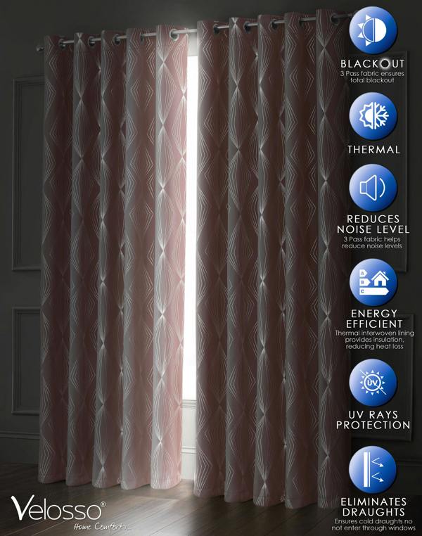 Velosso Elegant Geometric Foil Print Ring Top Thermal Blackout Curtains, Energy Saving Soft Fabric, Contemporary Style - 117cm x 183cm