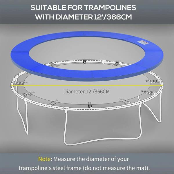 Blue trampoline pad ring on a trampoline, sized for 12 ft/366 cm diameter