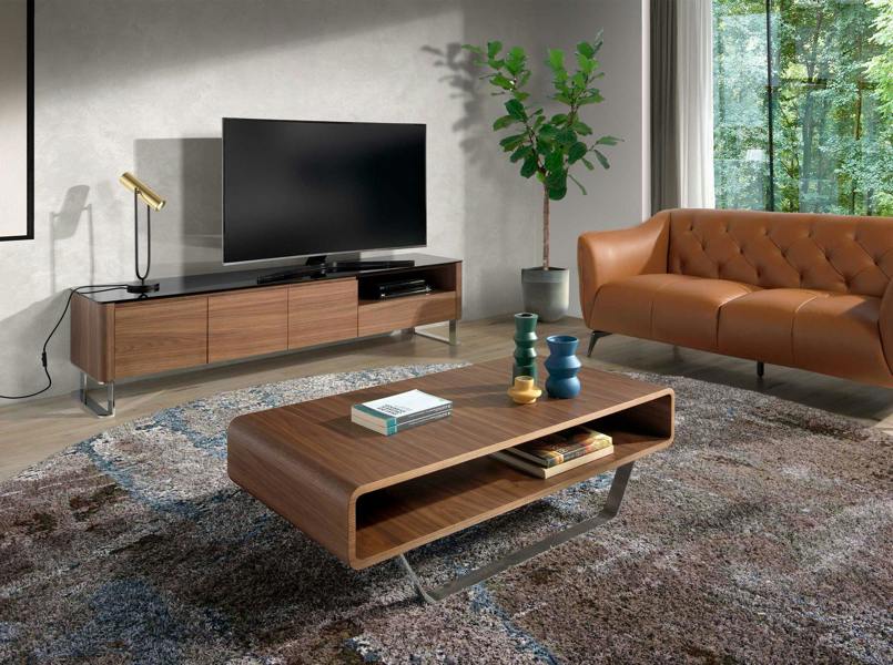 Angel Cerdá TV Unit Walnut, Chrome-plated Steel and Black Glass Top 3047