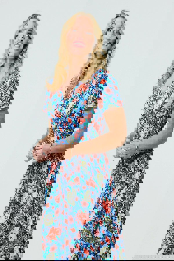 Blue | Floral Short Sleeve Maxi Smock Dress
