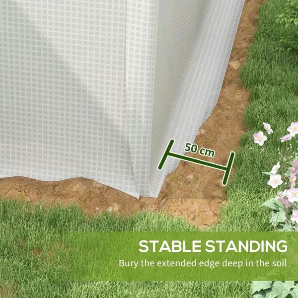 White greenhouse base edge for anchoring, shown on soil with 50 cm marker