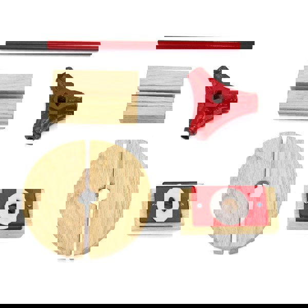 KuKoo 12 Litre Fruit Press components, featuring wooden parts, a red handle, and a circular base for efficient fruit pressing