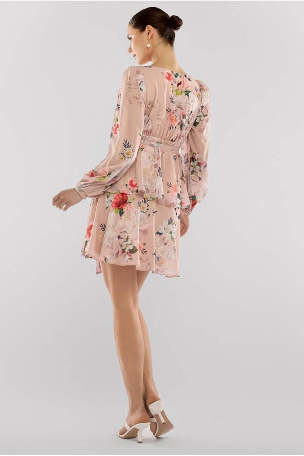 Sustainable Tiered Wrap Floral Mini Dress - Peach Floral DR4655BBS