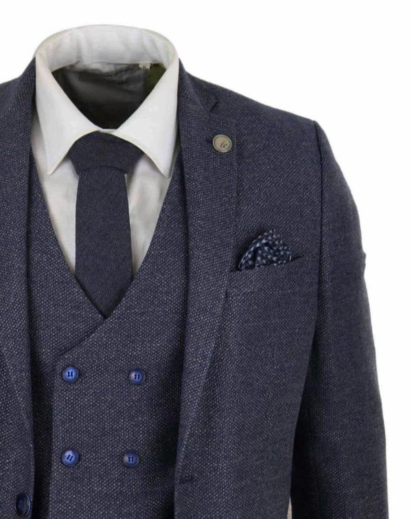TruClothing Mens Blue Wool 3 Piece Suit Double Breasted Waistcoat Tweed Peaky Blinders 1920s