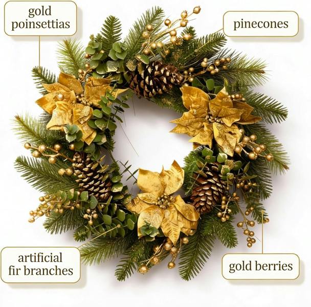 60cm Gold Poinsettia, Berry and Cone Artificial Christmas Wreath for Indoor Display image 4