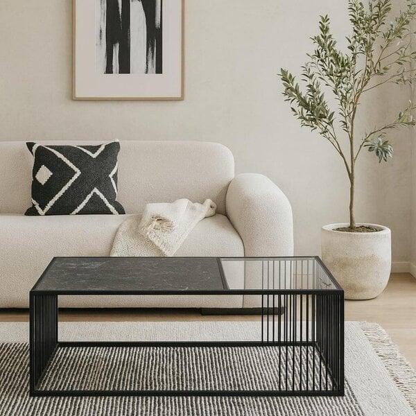 Wyld Haus Porto Organic Rectangular Coffee Table Stone Effect and Glass Top