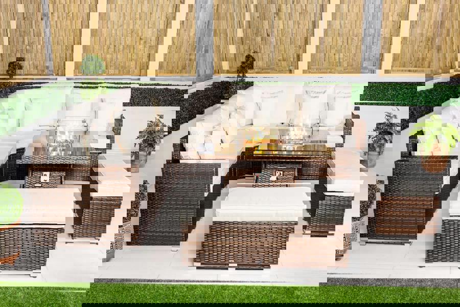 Giardino Santorini 5 Seat Modular Corner Sofa Rattan Garden Furniture Set Outdoor Fire Pit Coffee Table & 2 Benches