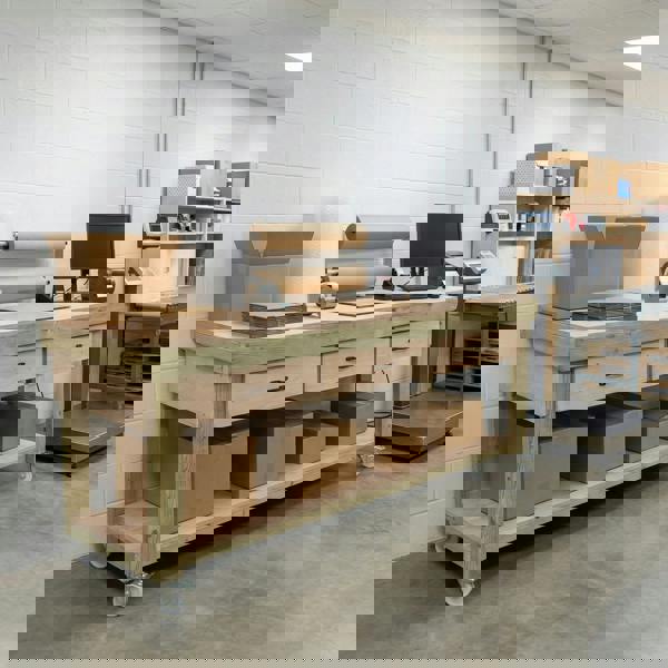 Wooden eucalyptus Top Workbench – Mobile Tool Cabinet with Drawers and Wheels, Ideal for Dry Indoor Spaces Such as Garages, Workshops, and Studios.