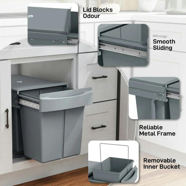 Pull Out Bin, Kitchen Under Sink Bin with 2 Removable Compartments, Smooth Glide, Grey