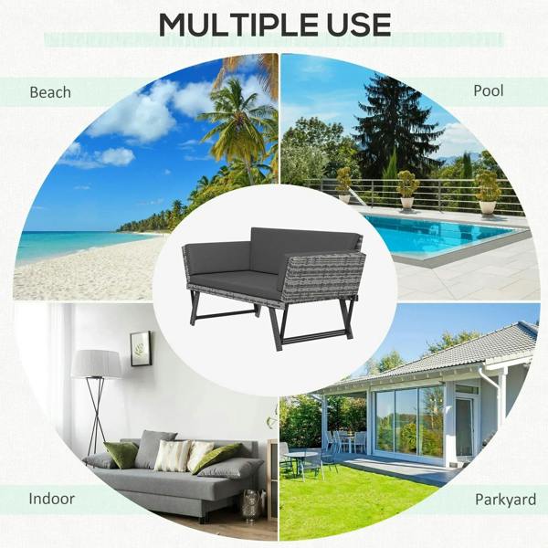 Grey rattan daybed sofa with cushions, shown across outdoor and indoor scenes