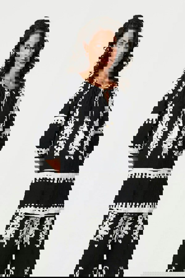 Black | Ikat Print Tassel Tie Neck Blouse
