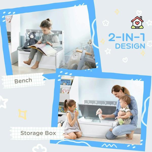 Kids 2-in-1 storage bench and toy box with grey star-and-moon details