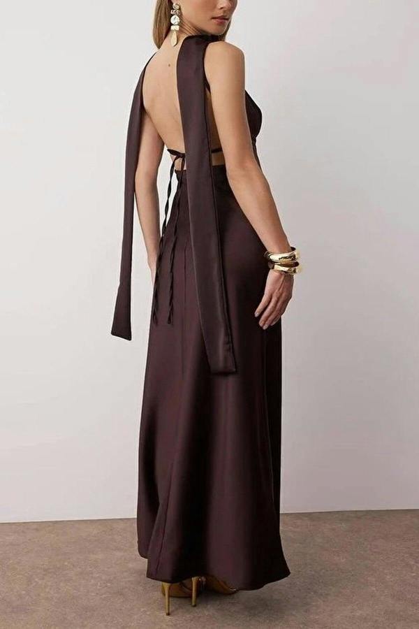 WOVCOR Scarf Detail Satin Maxi Dress with Strappy Design