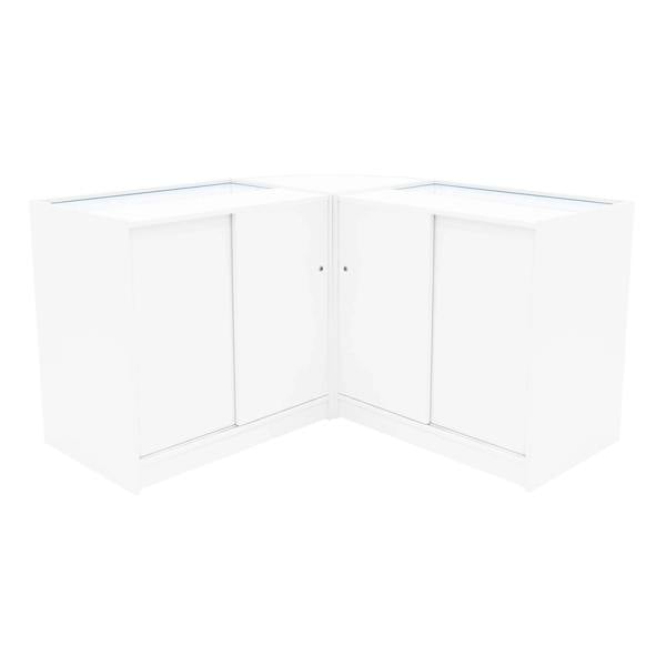 Corner display counter set in sleek white finish, featuring glass tops and sliding doors for easy access and modern style
