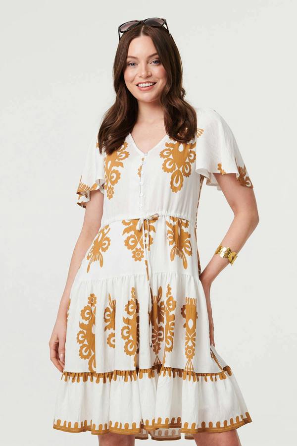 Beige | Printed Drawstring Knee Length Dress