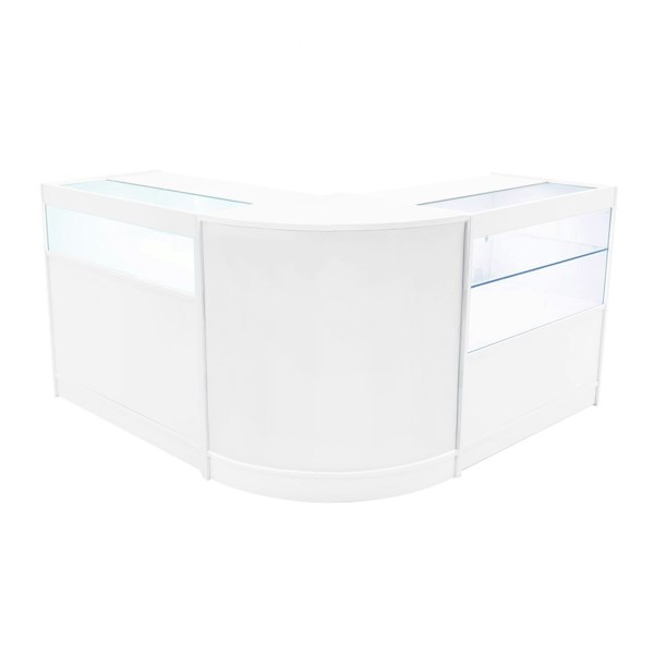 Adonis LED Shop Counter Set in white features a sleek, modern design with glass display sections and smooth surfaces for retail use
