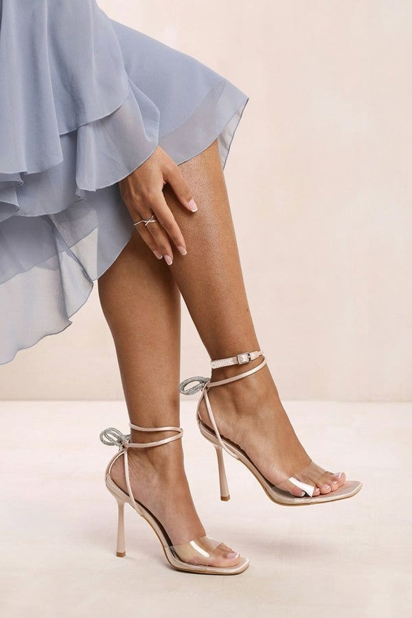 Where's That From Bertha Perspex High Heel Sandals With Diamante Bow in Champagne Silk