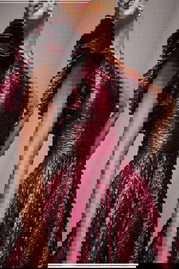 One Shoulder Frill Jacquard Skater Midi Dress - Burgundy Red DR4811