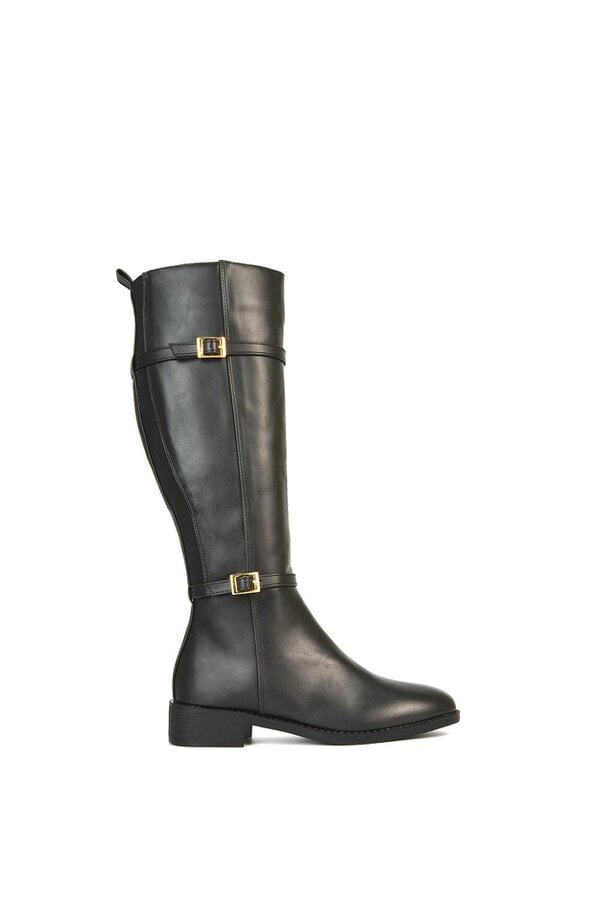 XY LONDON Flat Heel Stretch Knee High Long Boots With Buckle Details