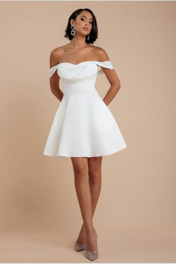 Sparkle Chiffon Cowl Bardot Skater Mini Dress - Cream DR4709