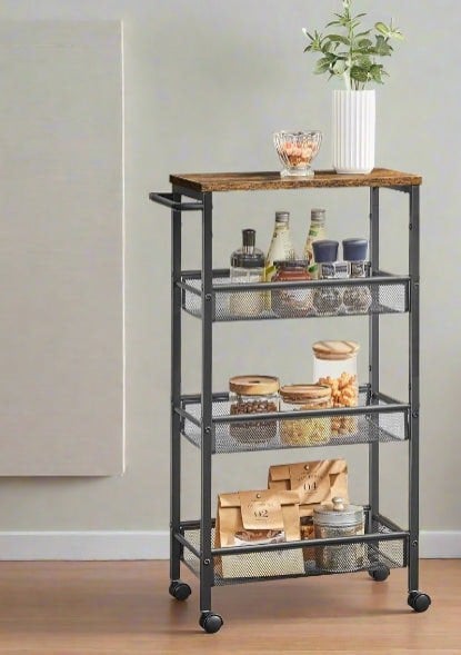 Modcraft Slim 4-Shelf Rolling Trolley, Space-Saving Kitchen Cart with Wheels, Rustic Brown and Black