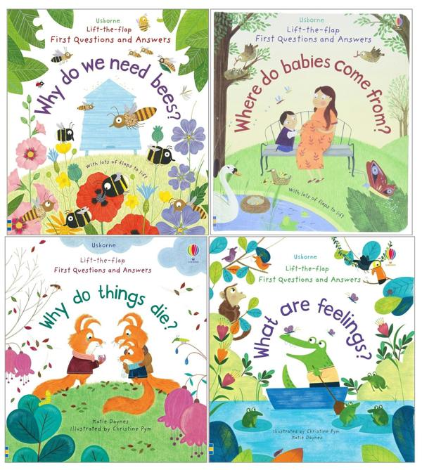 Usborne Lift-The-Flap First Questions and Answers 4 Books (Where Do Babies Come From?, What are Feelings?, Why do we need Bees?, Why do things Die?)
