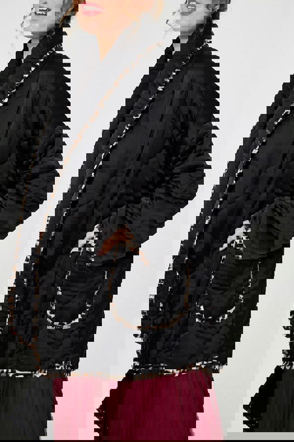 Black | Animal Print Trim Open Front Padded Coat
