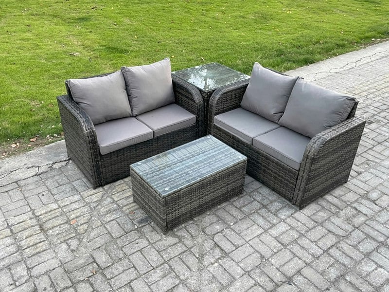 Fimous Outdoor Lounge Sofa Set Rattan Garden Furniture Set with Rectangular Coffee Table Side Table Dark Grey Mixed