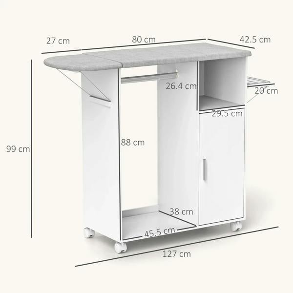 White rolling ironing cabinet with gray tabletop, storage cabinet door, and wheels