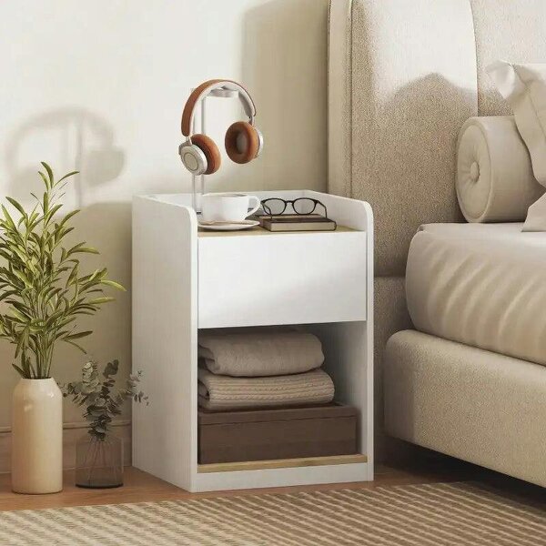 Modern Bedside Table, Slim Nightstand with Drawer, Shelf and Cable Holes, White and Oak - White and Oak