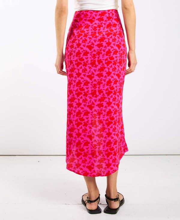 Pink Floral Ruche Side Midi Skirt back