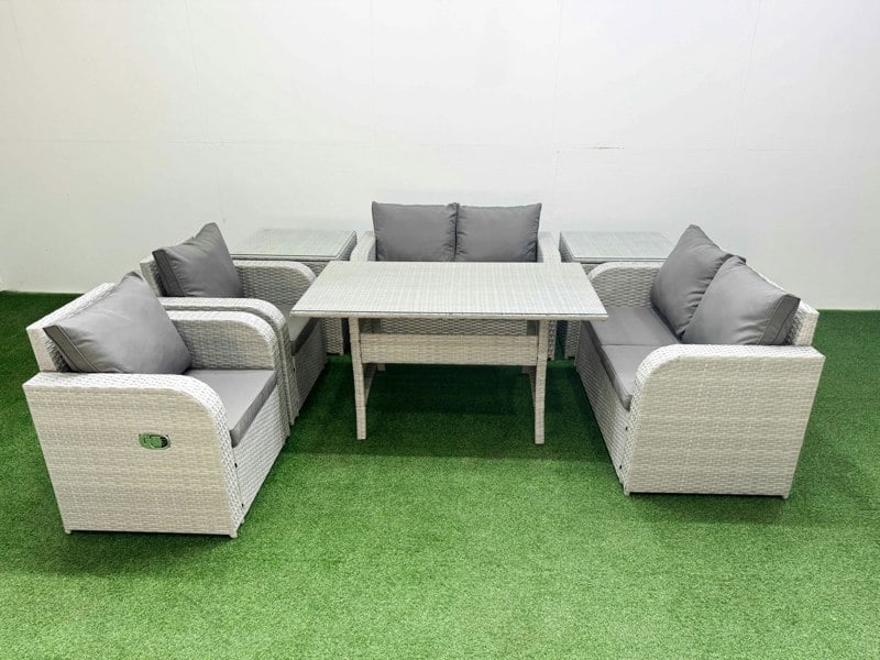 Fimous 6 Seater Outdoor Reclining Chair Love Sofa Set Rattan Garden Furniture Set with Rectangular Dining Table 2 Side Tables Light Grey