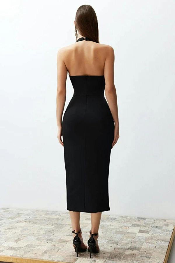 WOVCOR Body-Fitting Midi Woven Dress with Slit Detail