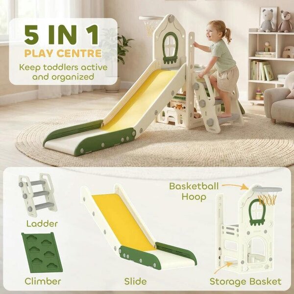 Foldable 5 in 1 Toddler Slide with Ladder, Climbing Wall, Basketball Hoop, Storage and Basketball for 1-3 Years, Cream
