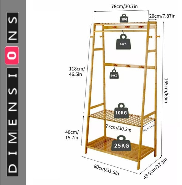 Modcraft Bamboo Clothes Rail Rack with Top Shelf, Shoe Storage, 10 Hooks, and Ladder Rails – 80x43.5x165 cm
