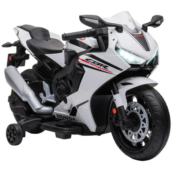 White kids ride-on motorcycle with black tires and training wheels, front 3/4 view