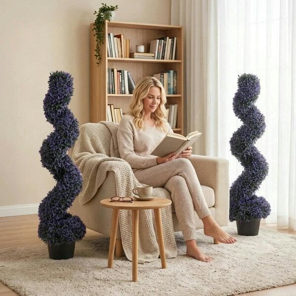 Decorative Artificial Plants Set of 2, UV Resistant Fake Plants in Pot for Indoor Outdoor Decor, 120 cm, Purple