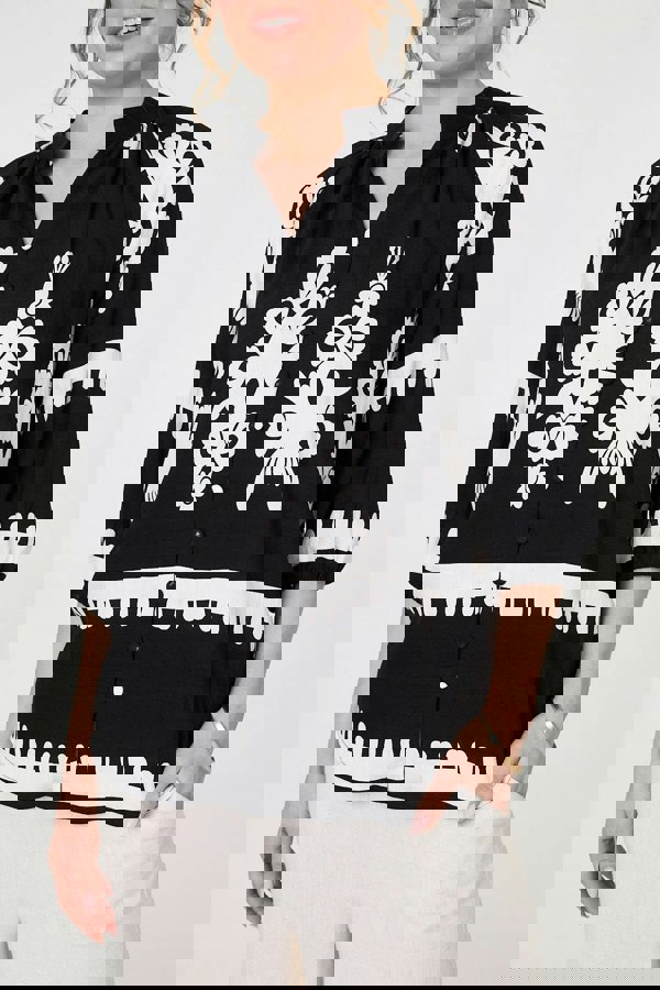 Black | Ikat Print 3/4 Sleeve Relaxed Blouse
