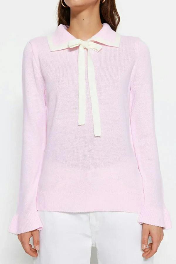Hoxton Gal Color-Block Knit Sweater with Ribbon/Bow Detail