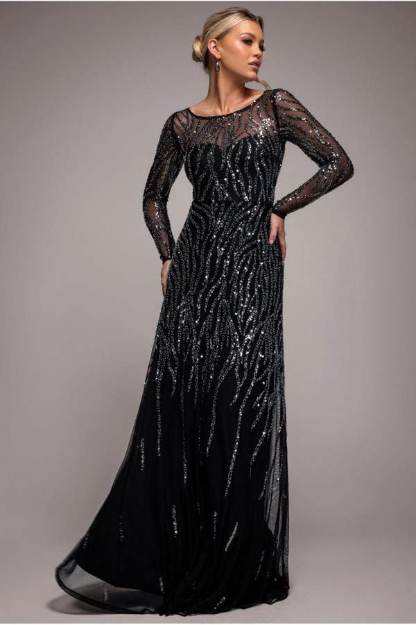 Ombre Sequin Beaded Flared Long Sleeve Maxi Dress - Black DR4782