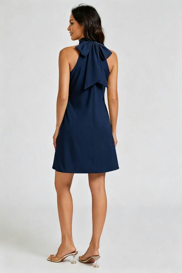 FS Collection Halter Neck Tie Back Mini Dress In Navy