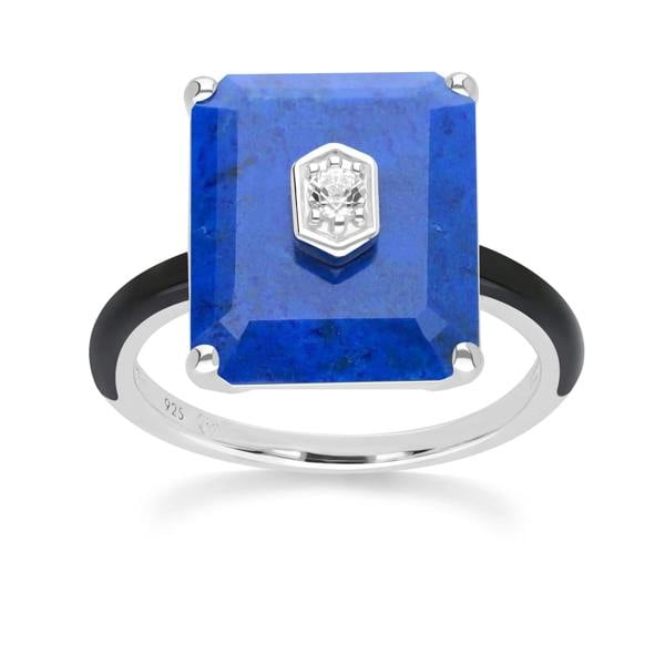 Gemondo Grand Deco Black Enamel, Lapis Lazuli & Colourless Topaz Ring in Sterling Silver