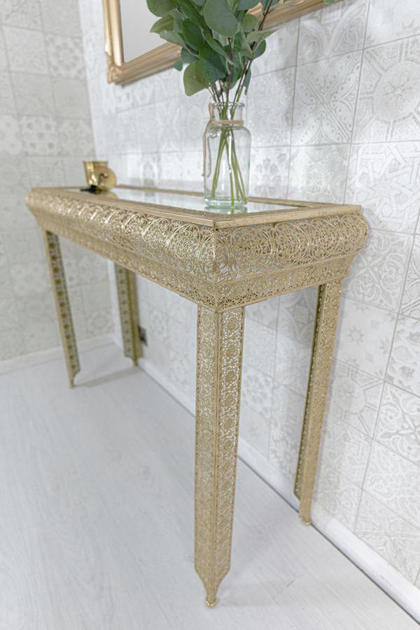Downton Interiors Light Gold Embossed Metal Mirrored Glass Console Table - Agadir Range